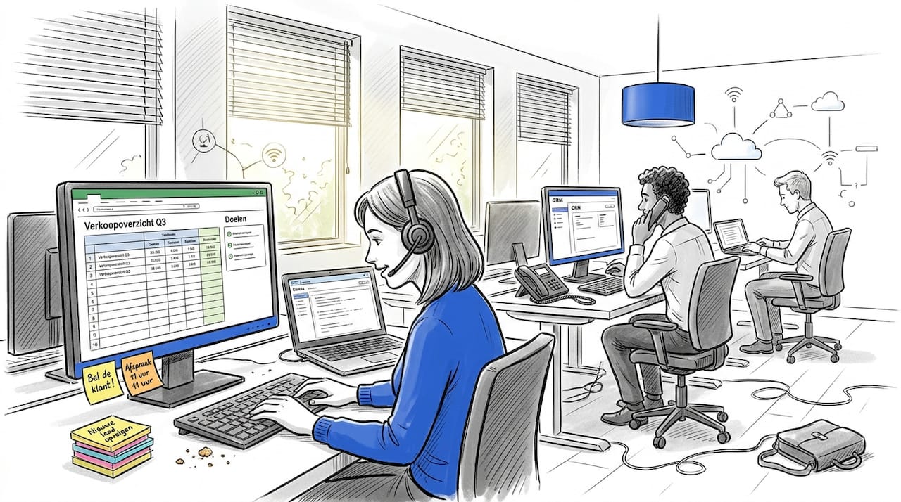 In de open kantoorruimte werken de salesmedewerkers ieder op hun eigen plek.