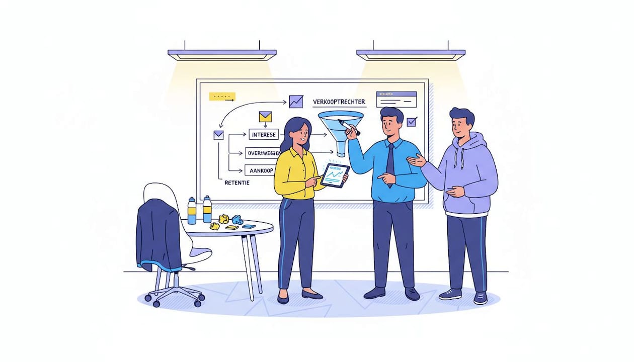 Het team bespreekt samen het verkoopproces aan het whiteboard.