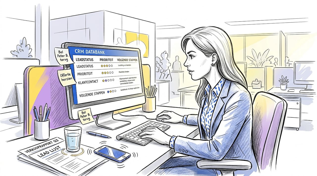 Een salesmedewerker verdiept zich in klantgegevens aan een drukbezet bureau.