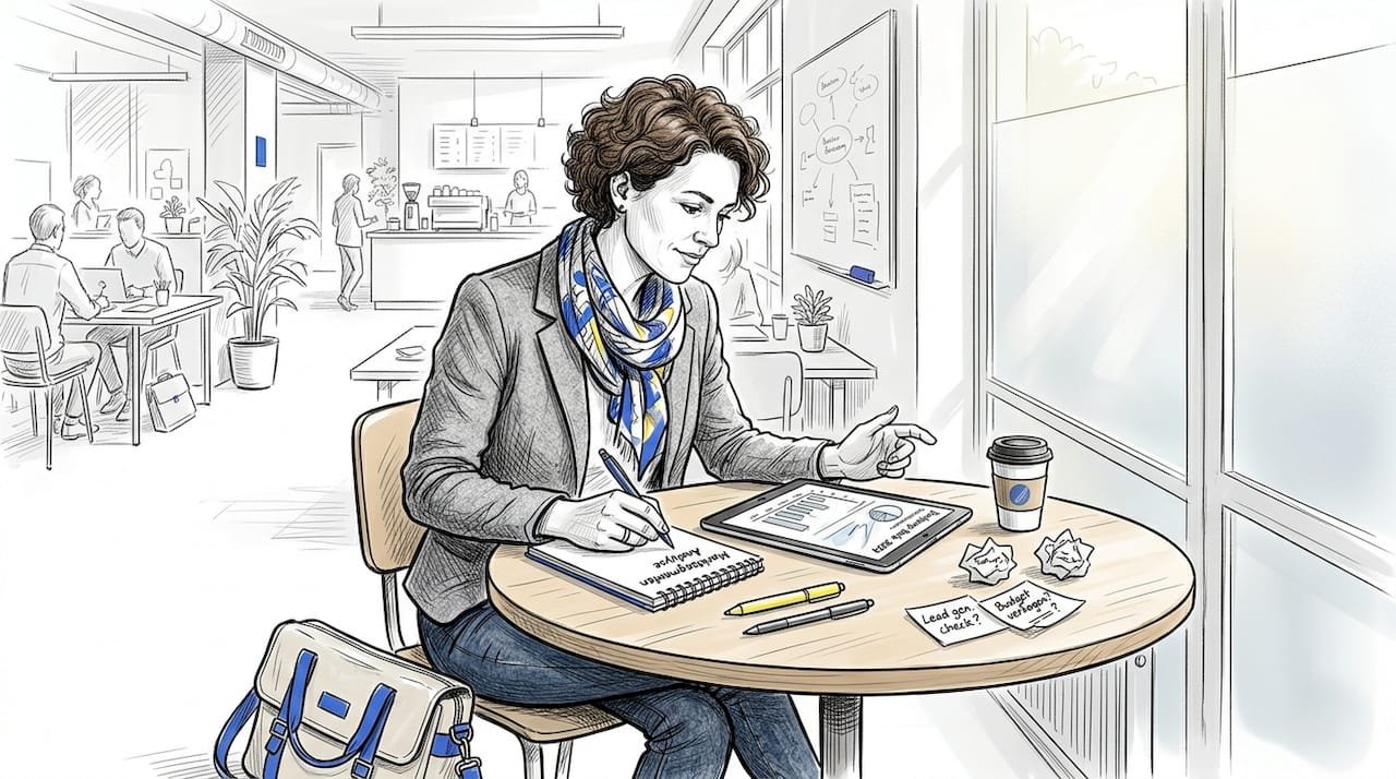 Een B2B-marketeer verdiept zich aan tafel in verschillende marktsegmenten.