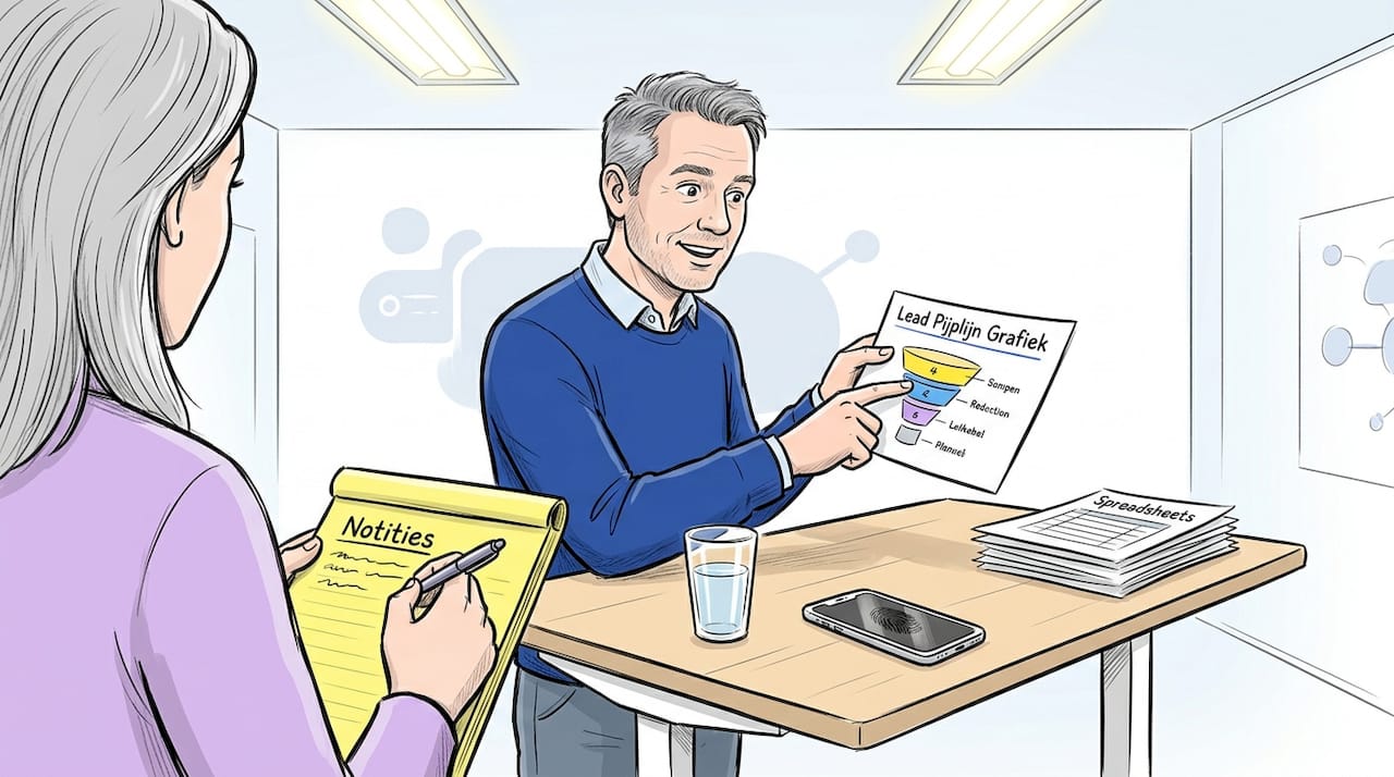 Het team bespreekt de salesfunnel tijdens een overleg op kantoor.