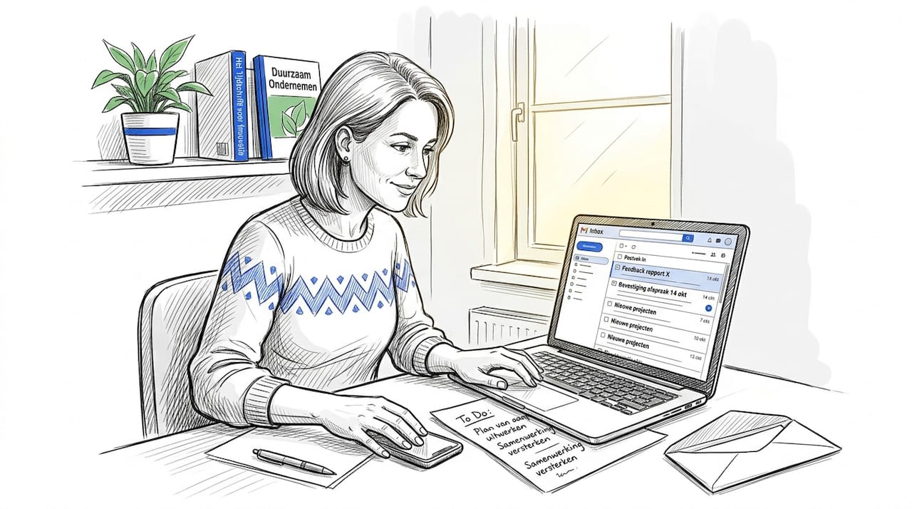 Een vrouw zit thuis aan haar bureau en checkt haar e-mails in een gezellige, informele werkomgeving.