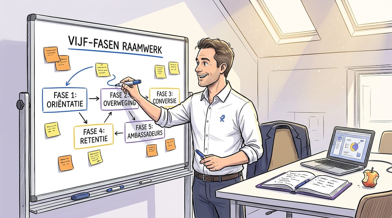 De marketingmanager werkt het procesmodel uit op het whiteboard.