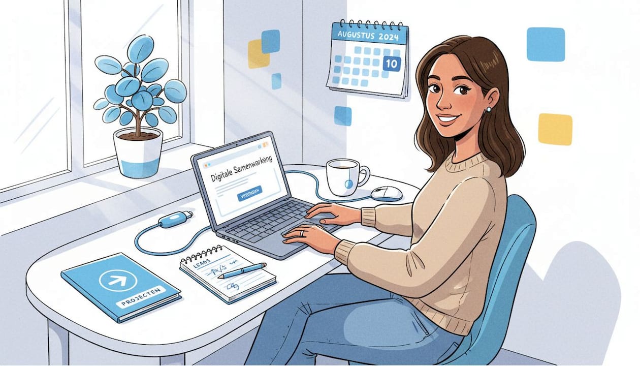 Een vrouw werkt vanuit haar thuisbureau aan een persoonlijk bericht om nieuwe contacten te benaderen.