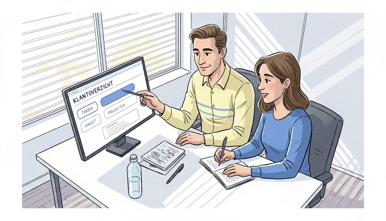 Marketing- en salescollega’s zitten samen achter de computer om ideeën uit te wisselen.