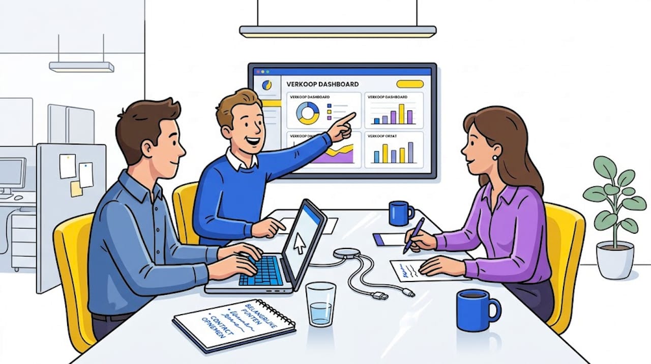 Het team bekijkt samen het verkoopdashboard in de open kantoorruimte.