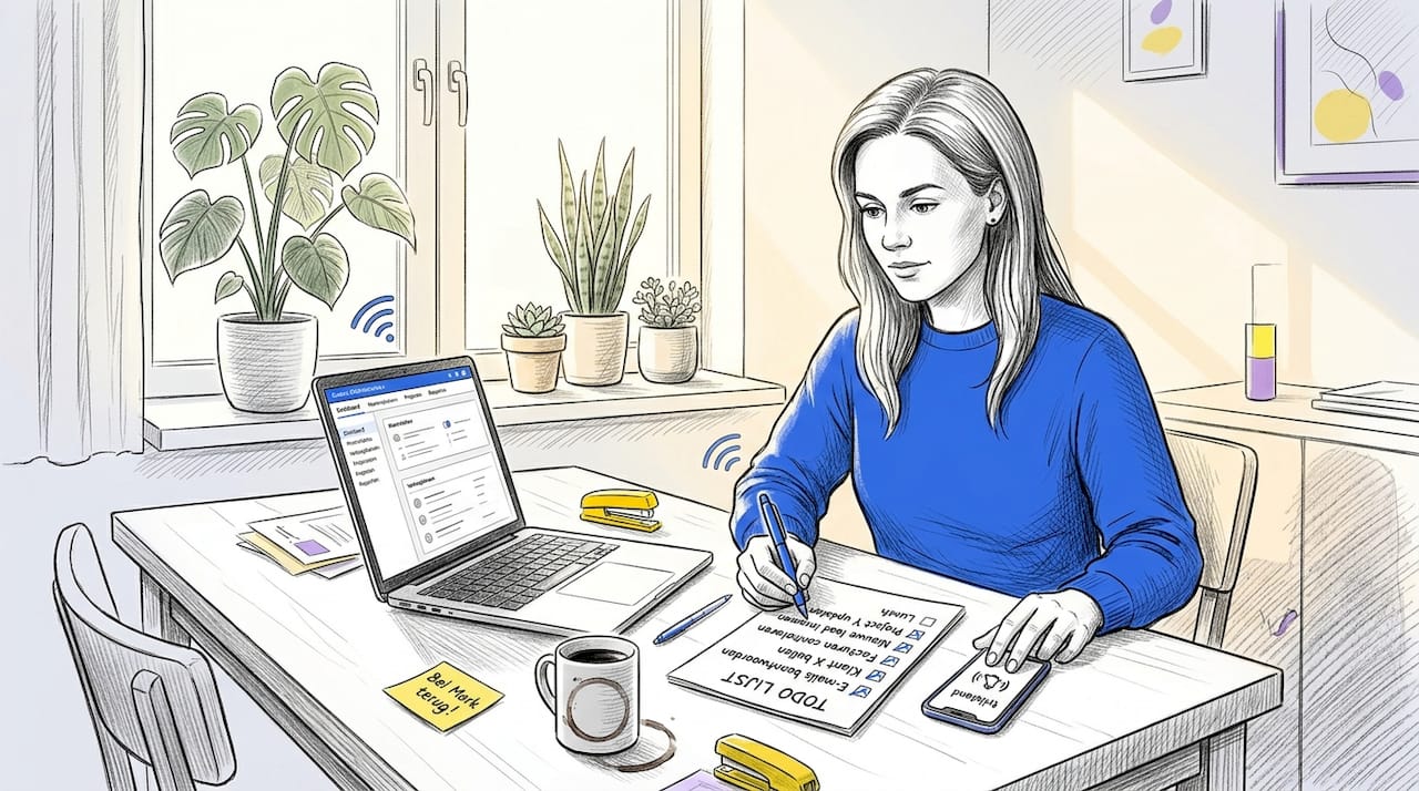 Thuis zit een vrouw geconcentreerd haar marketing checklist af te werken.