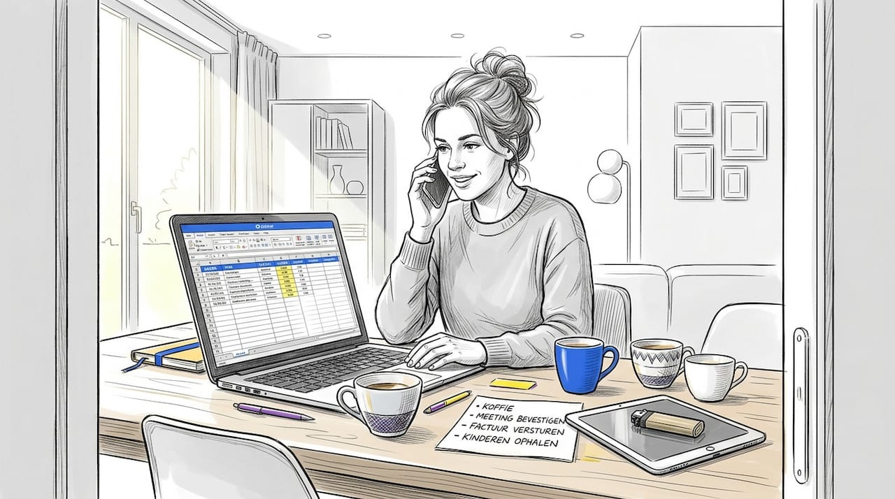 Een B2B salesmedewerker werkt vanuit huis en voert zijn telefoongesprekken gewoon aan de keukentafel.