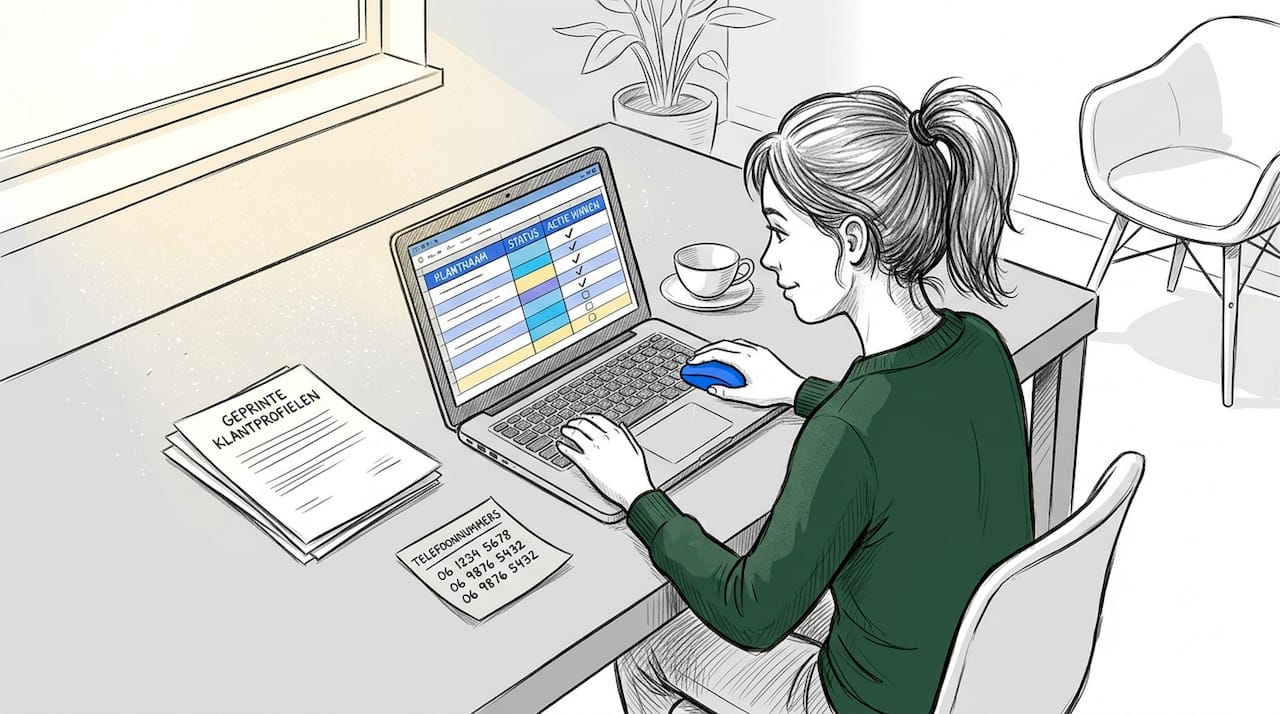 Een vrouw werkt thuis aan haar laptop en verdeelt potentiële klanten in verschillende categorieën.