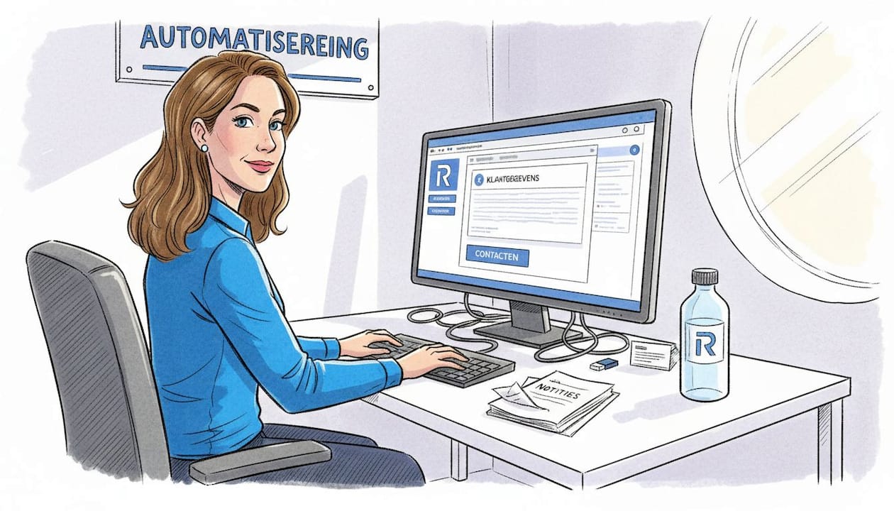 Een vrouw is op kantoor bezig met het bijwerken van gegevens in het CRM-systeem.