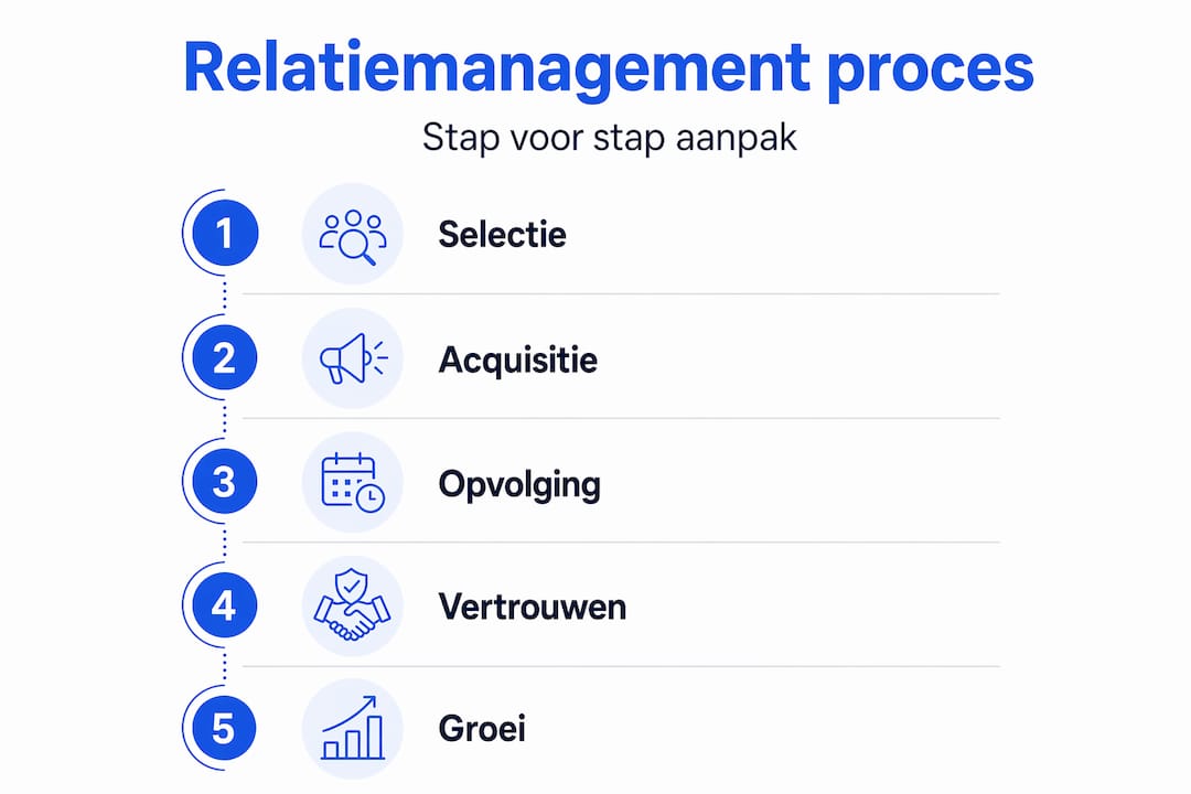 Visuele weergave van de stappen in relatiemanagement, overzichtelijk in een verticale flow