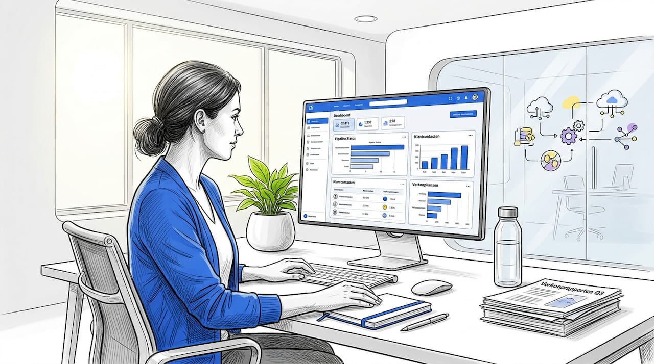 Een salesmedewerker werkt achter zijn bureau met het CRM-dashboard open op zijn scherm.
