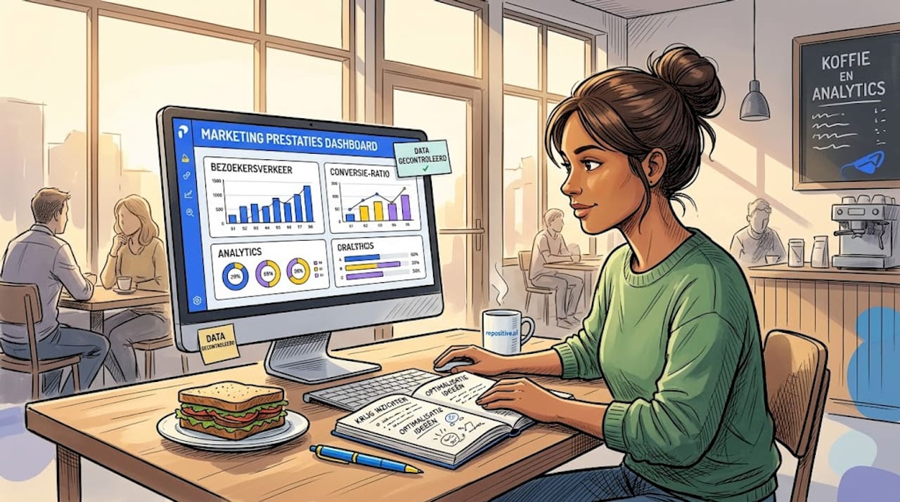 Een marketingspecialist analyseert data terwijl hij aan een sta-bureau werkt.