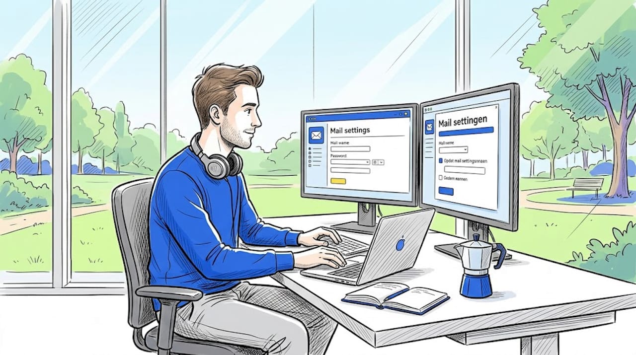 Een IT-specialist die achter zijn werkbank de e-mailinstellingen optimaliseert.