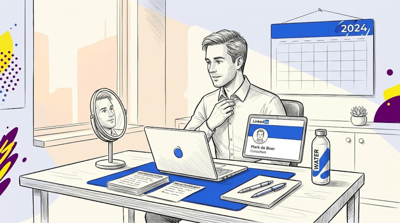 Consultant werkt aan het optimaliseren van zijn LinkedIn-profiel achter zijn bureau.