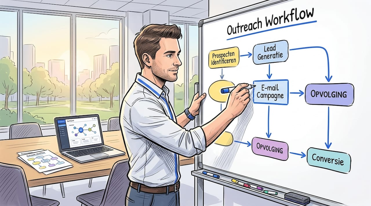 Een professional legt stap voor stap het outreachproces uit op een whiteboard.
