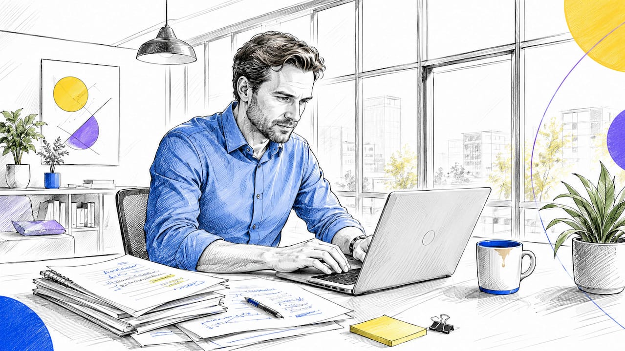 Detailopname van handen die typen op een laptop, met aantekeningen ernaast.