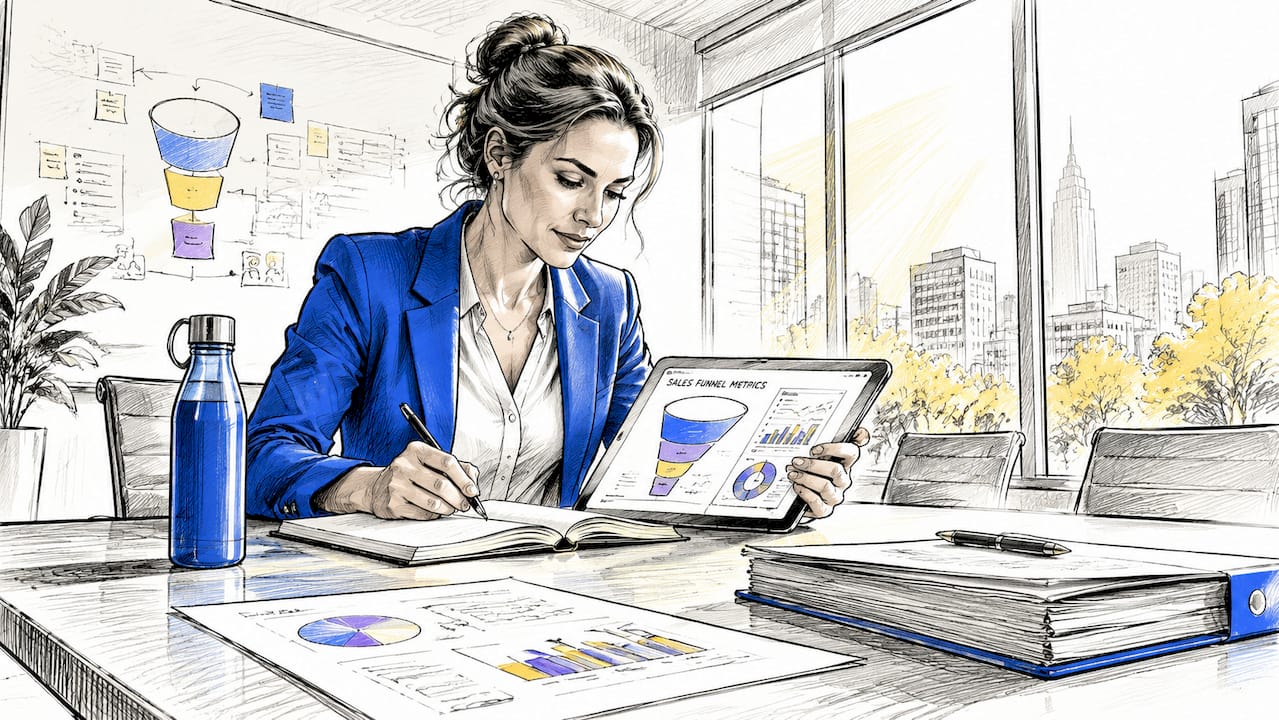 Twee vrouwen zitten samen aan tafel en bespreken de cijfers van hun sales funnel.