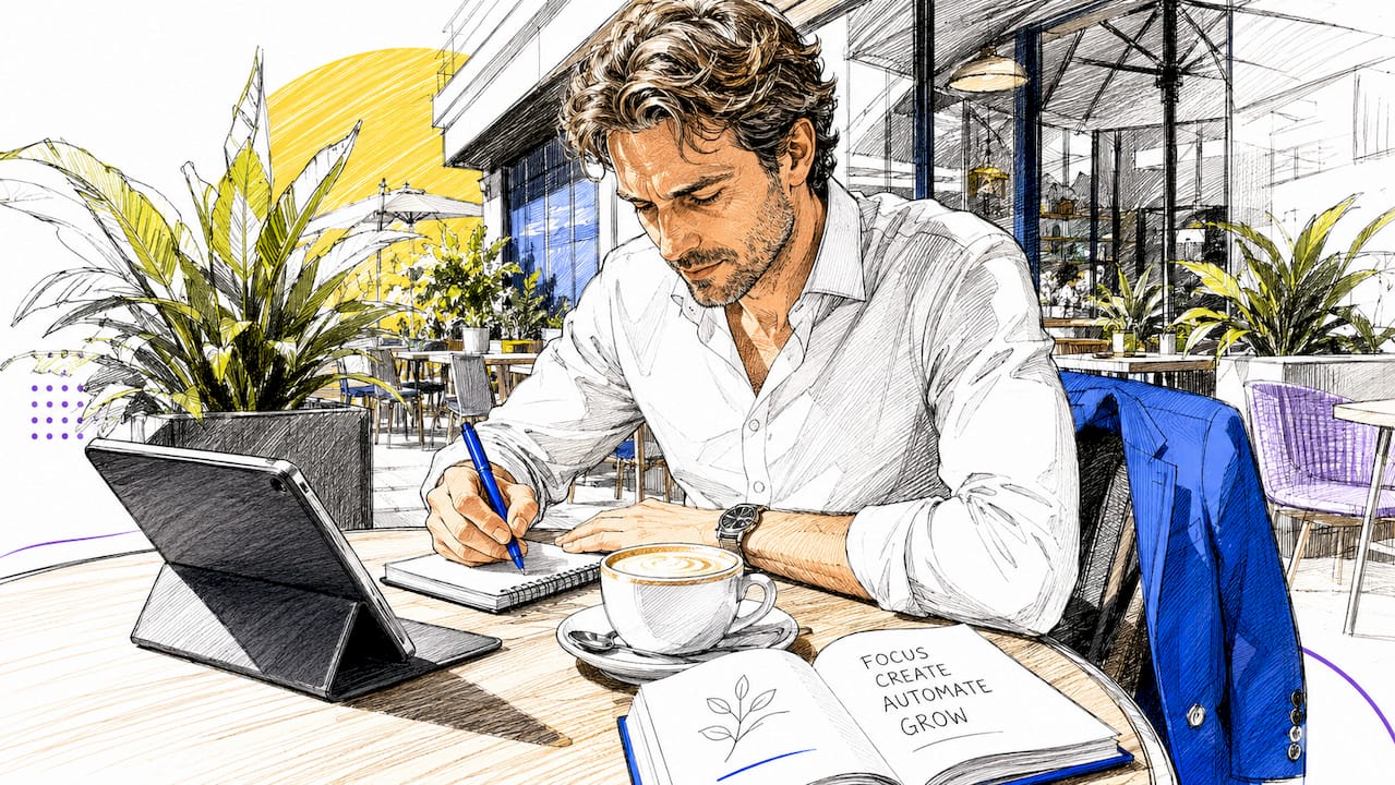 Tijdens een gesprek met een klant in een gezellig café schrijft een man aandachtig mee in zijn notitieboekje.
