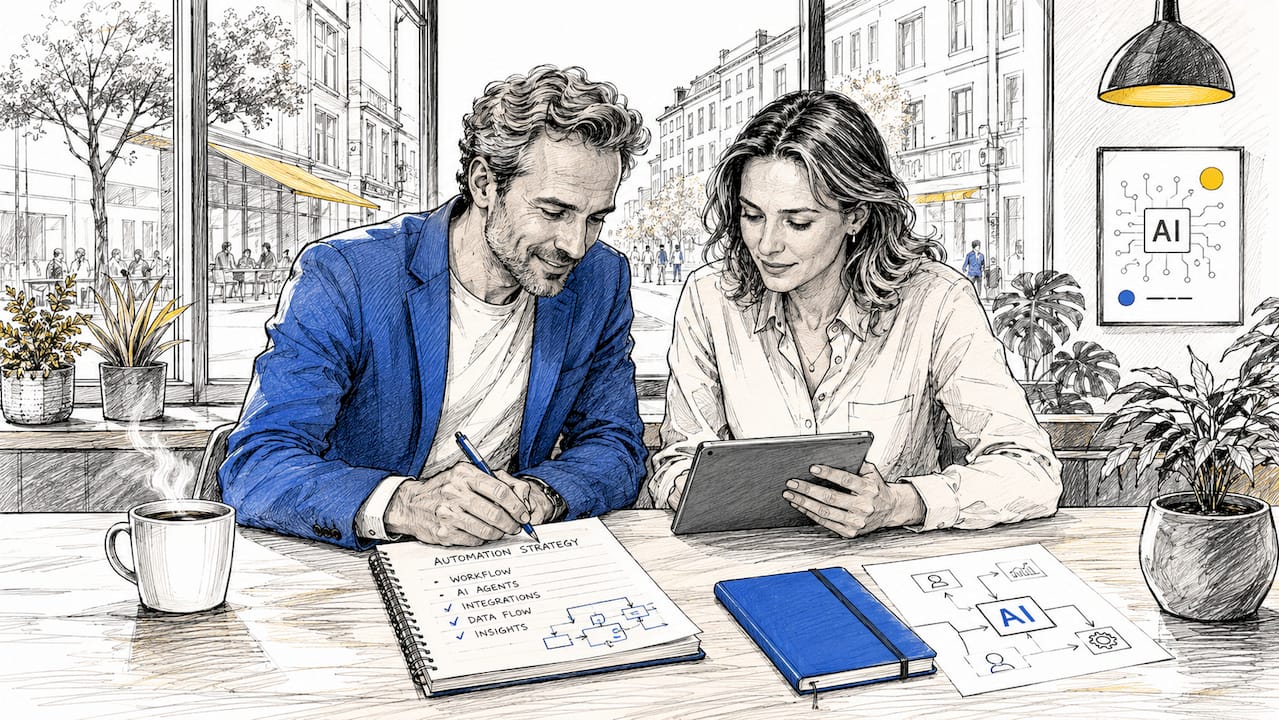 Een hecht team dat samenwerkt en gebruikmaakt van slimme AI-tools om processen te automatiseren.