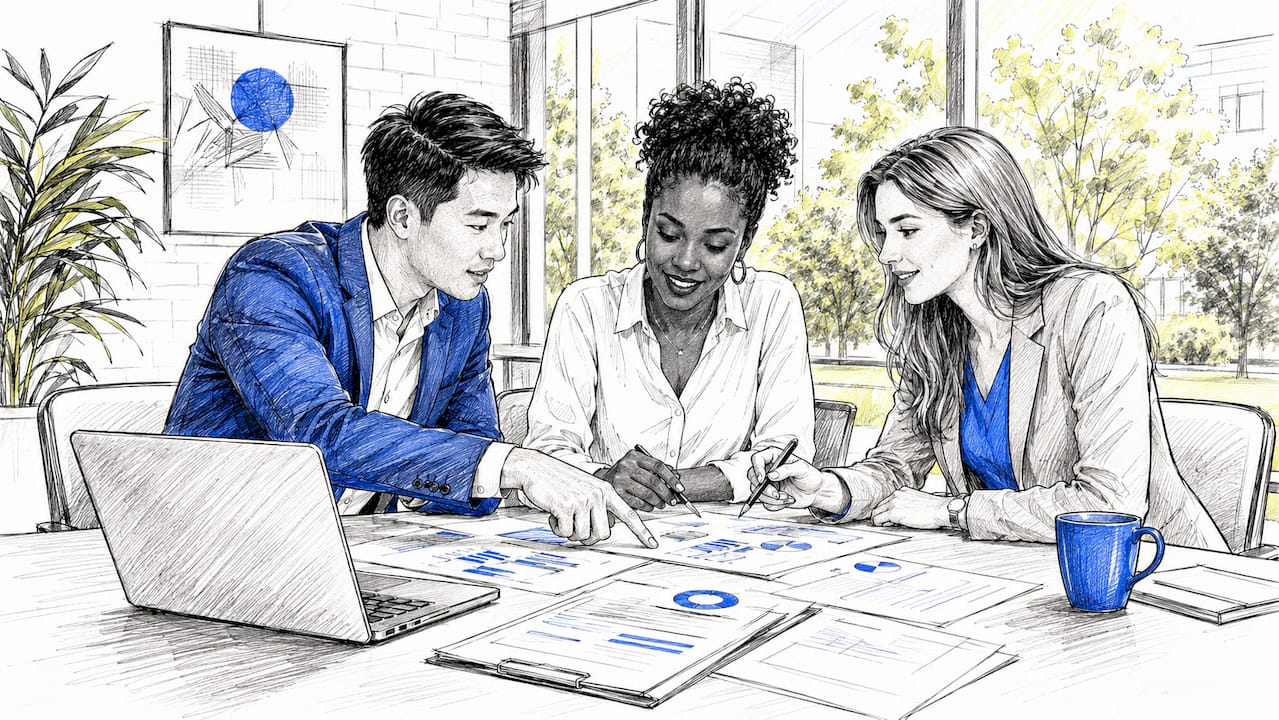 Een team zit samen aan tafel om te sparren over nieuwe zakelijke leads binnen de B2B-markt.