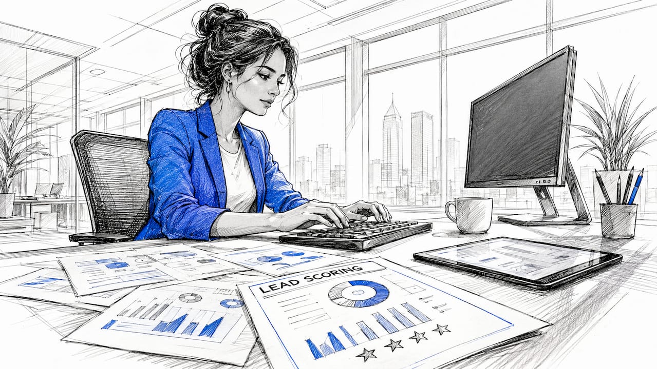 Handen die typen op een toetsenbord, terwijl op het scherm grafieken met lead scoring zichtbaar zijn.