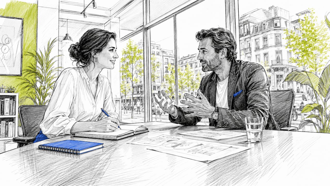 Twee ervaren B2B-salesprofessionals zitten samen om tafel voor een zakelijk overleg.