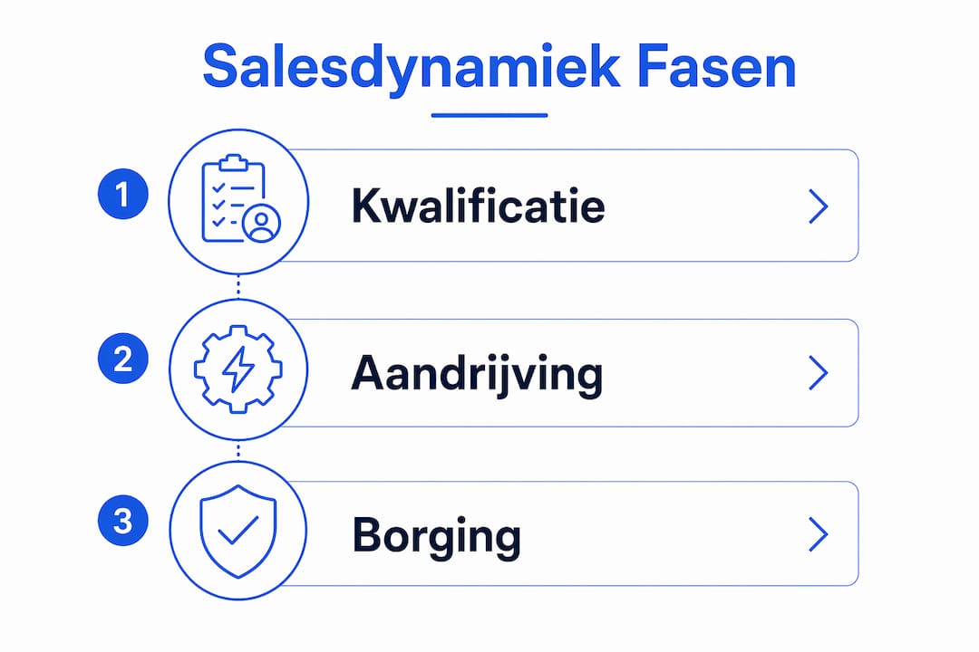 Infographic met de drie belangrijkste fasen van het salesproces