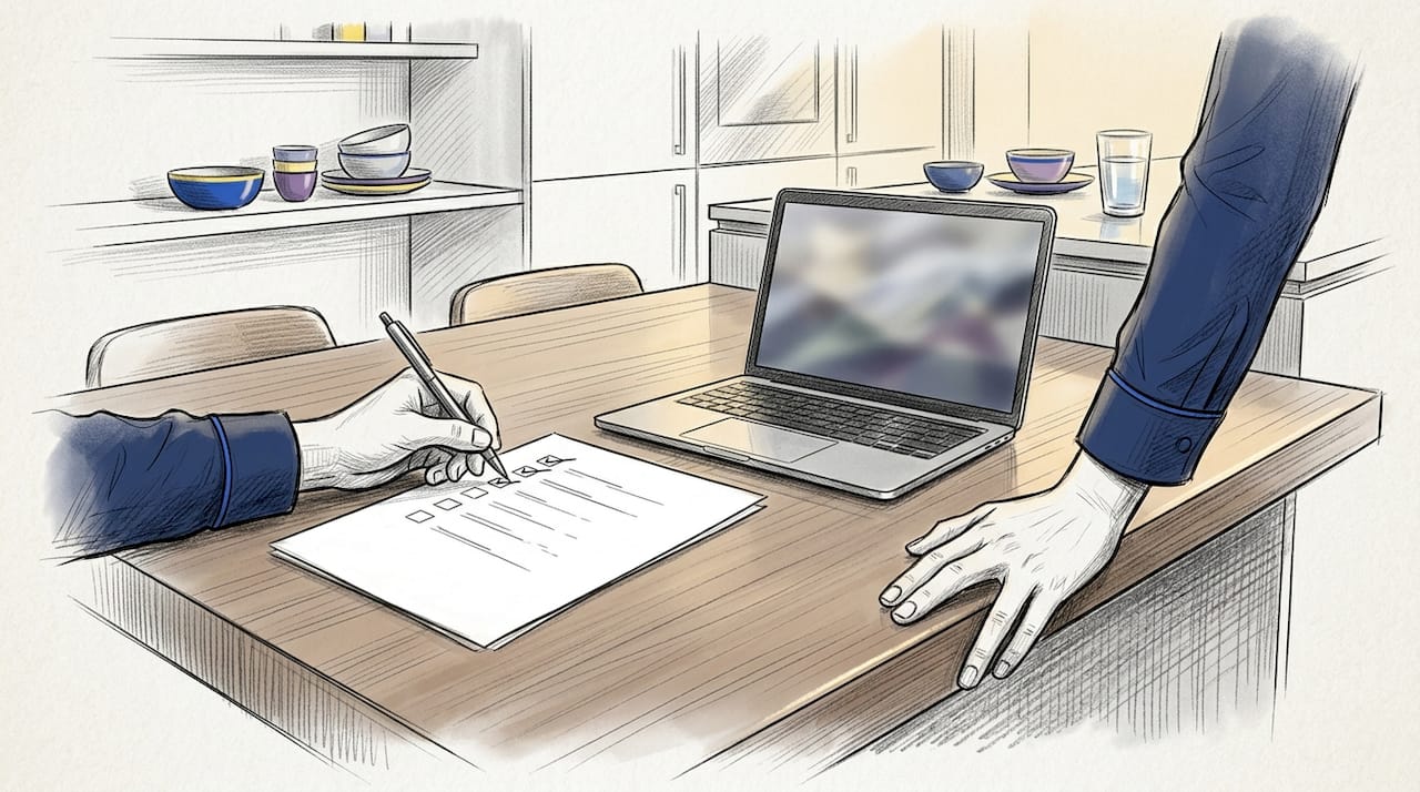 Iemand vinkt taken af op een checklist naast een laptop op het bureau.