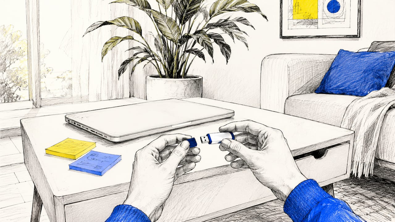 Detailopname van een werkplek met moderne gadgets en handen die aan het werk zijn.