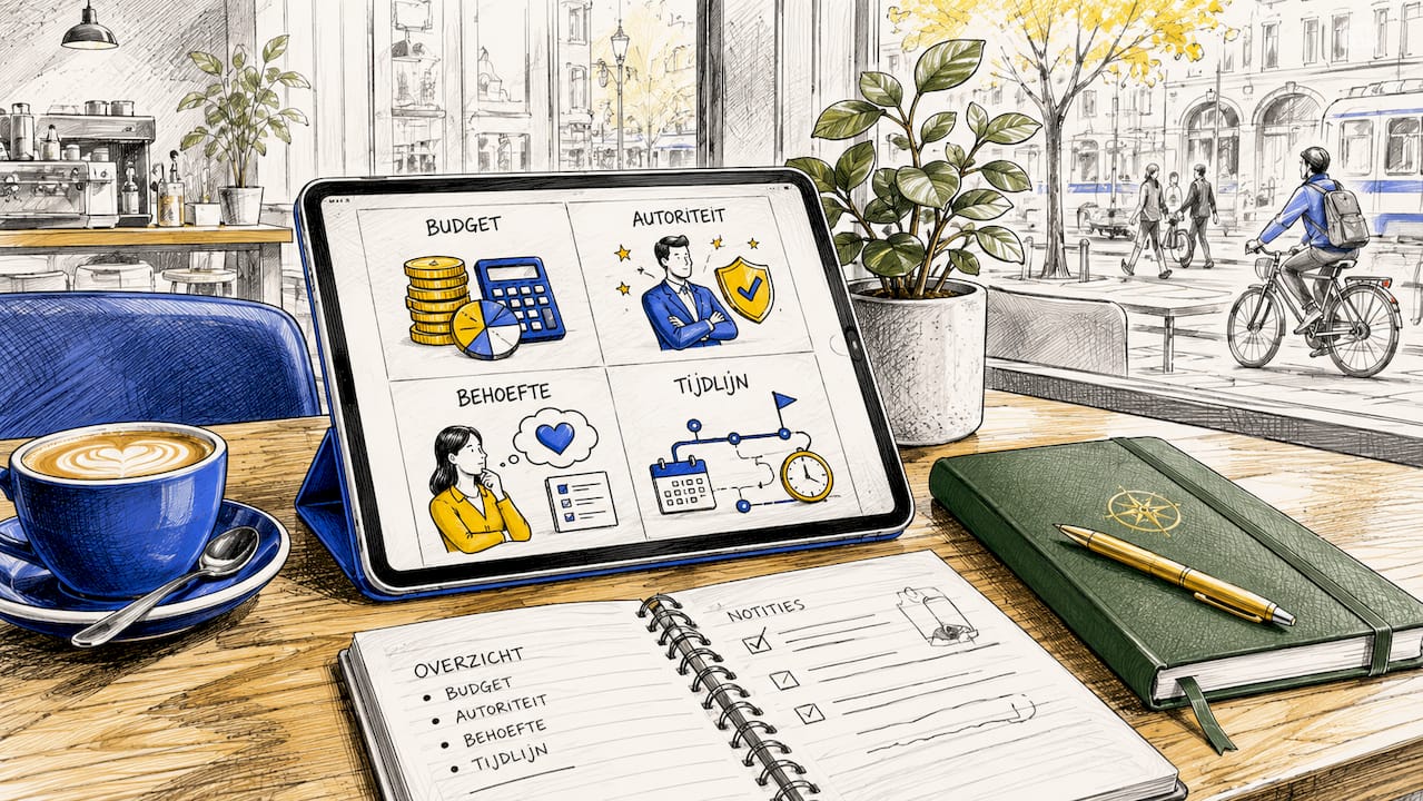 Een digitale tablet met verschillende app-iconen ligt op een bureau tussen de kantoorspullen.