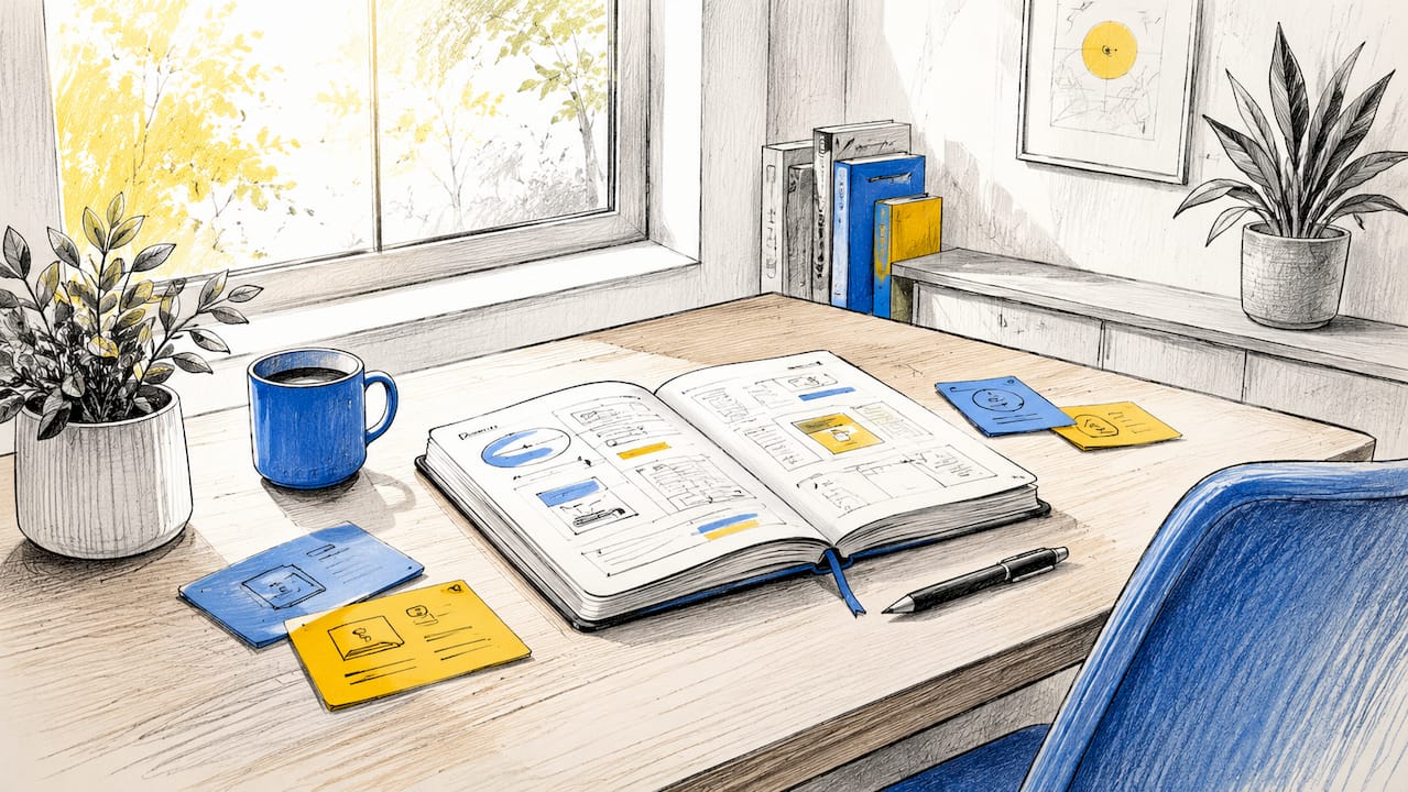 Een opgeruimd bureau met technische gadgets en overzichtelijke notitiekaartjes