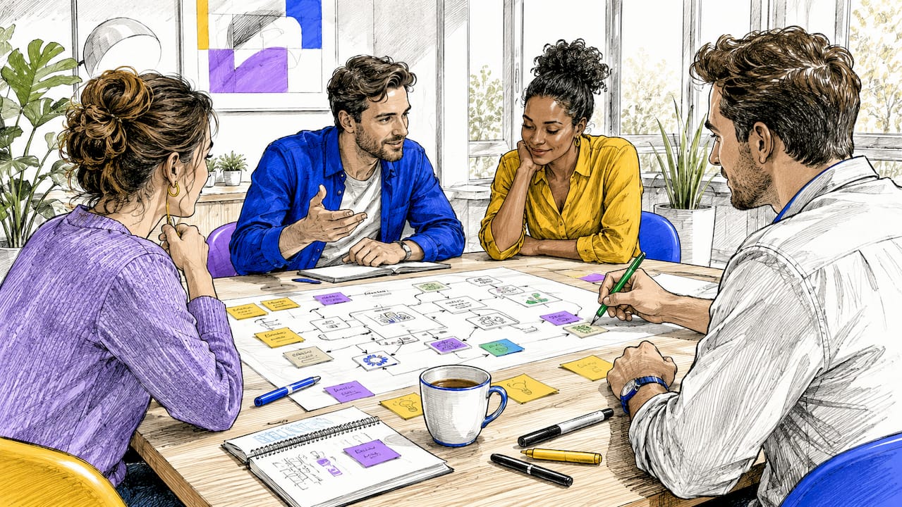 Handen die processen visualiseren tussen kantoorartikelen