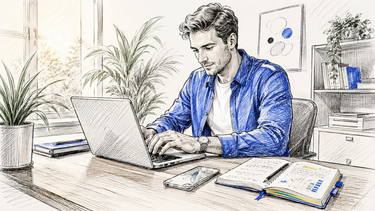 Detailopname van een B2B CRM-bureau, met verschillende apparaten in beeld