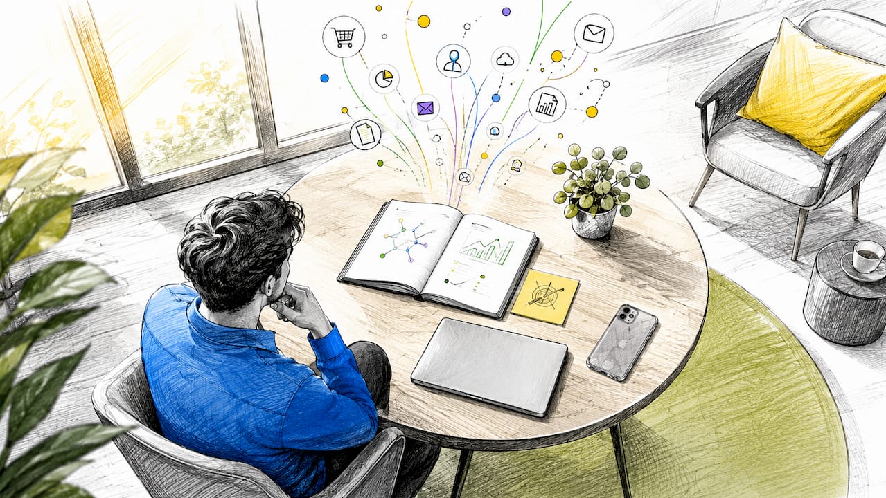 Minimalistisch bureau met daarboven icoontjes die de stroom van data verbeelden