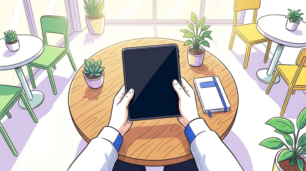 Een smartphone ligt naast een open notitieboek, terwijl iemand met beide bezig is aan tafel.