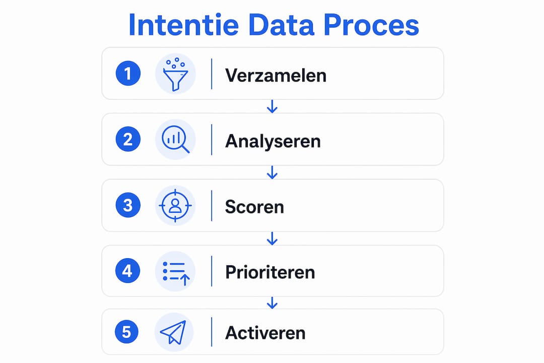 Overzichtelijke infographic: vijf essentiële stappen in het proces van buyer intent data