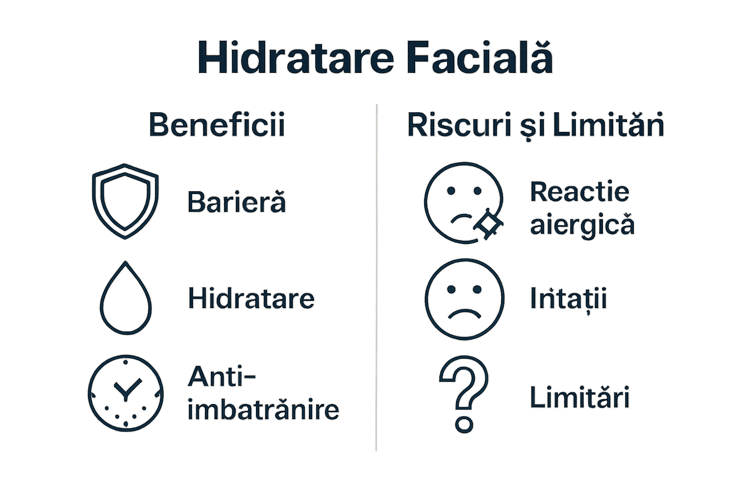 Infografic care compară principalele beneficii și riscuri ale hidratării faciale.
