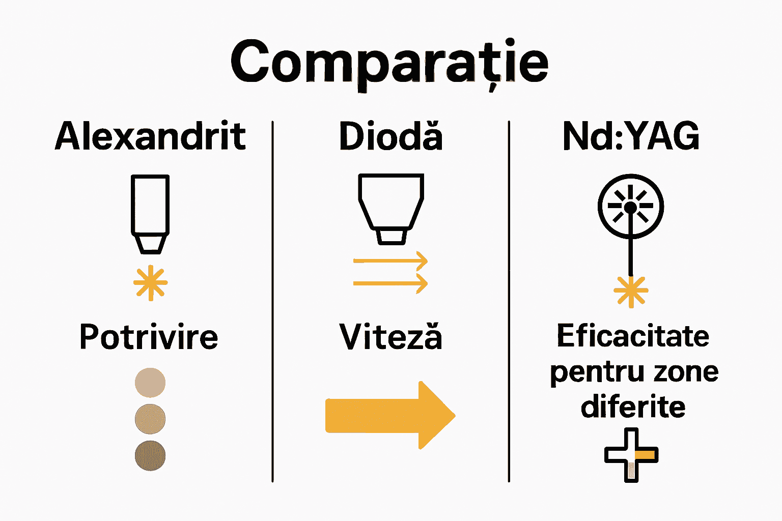 Infografic tipuri de lasere epilare: Alexandrit, Diodă, Nd:YAG