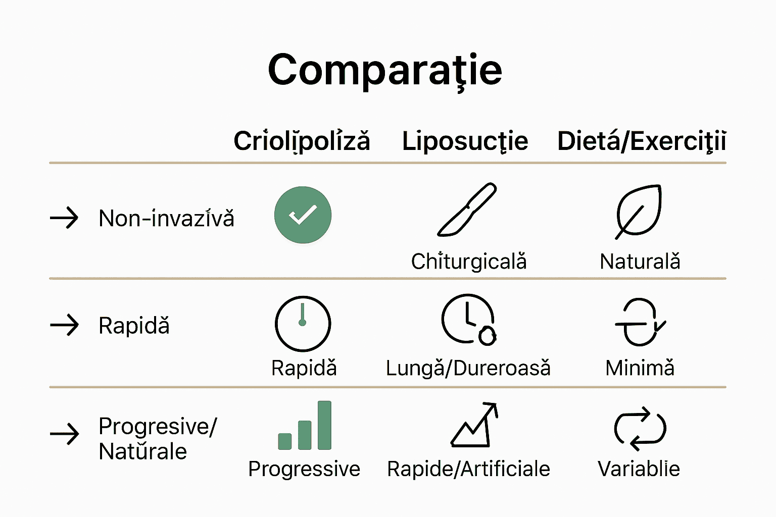 Infografic comparativ criolipoliză, liposucție, dietă.