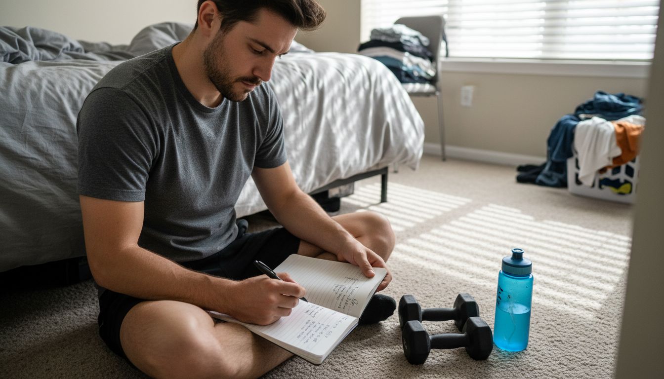 Man planning workout routine at home