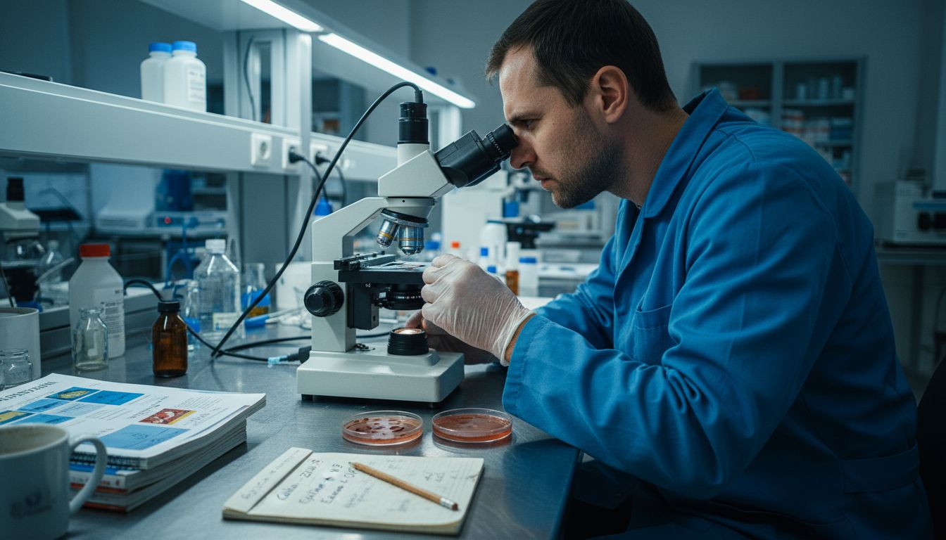 Un asistent de laborator analizează la microscop o probă de țesut nervos.