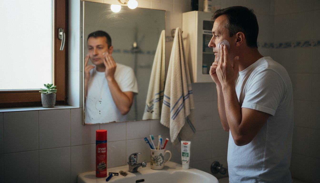 Un bărbat își aplică cremă pe față în fața oglinzii, acasă.