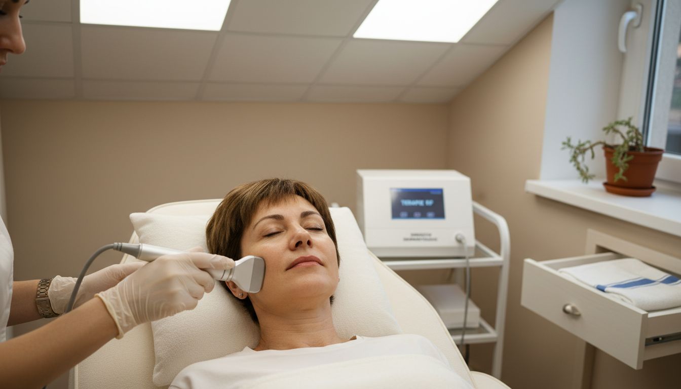 Specialistul efectuează un tratament de stimulare a producției de colagen