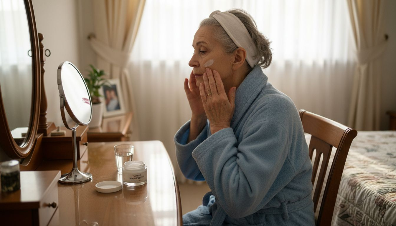 O doamnă în vârstă își aplică cu grijă crema preferată în fața oglinzii de la toaletă.