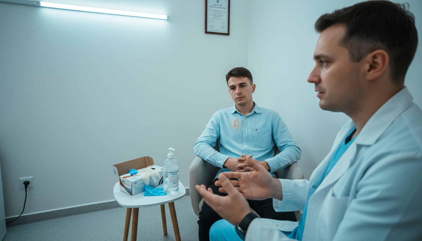 Discuție între estetician și un pacient de sex masculin