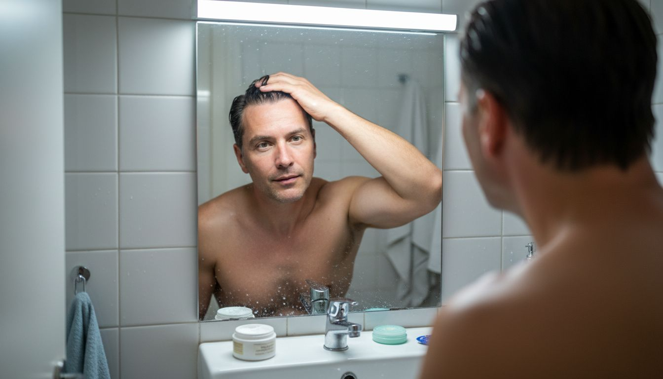 Un bărbat admiră în oglindă cât de proaspăt și luminos îi arată tenul.