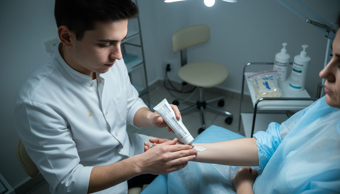 Doctorul întinde o cremă cu efect anestezic pe piele, pentru a amorți zona respectivă.