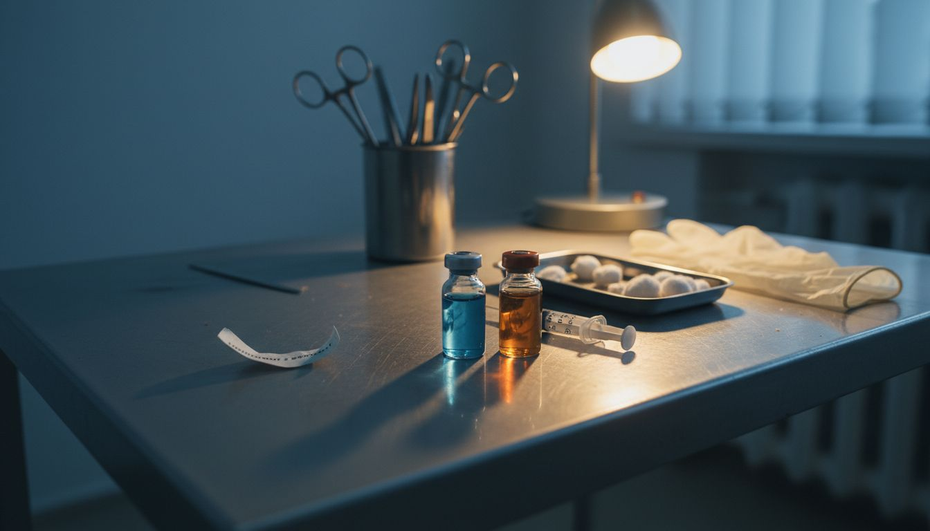 Pe masa din cabinetul medical se află mai multe flacoane cu soluții pentru mezoterapie, gata să fie folosite în tratamente.