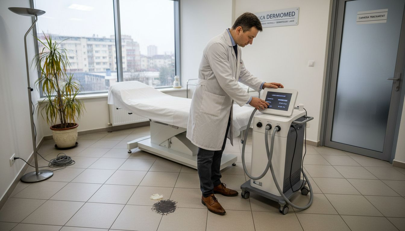 Medic dermatolog care reglează aparatul cu laser înainte de procedură, într-un cabinet specializat.